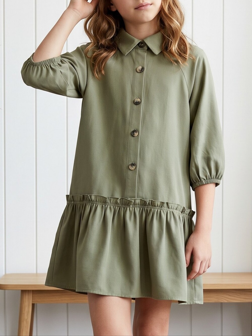 ZARA Girls Olive Green Shirt Dress Size 7 Collared Button Front Ruffle Hem Comfy
